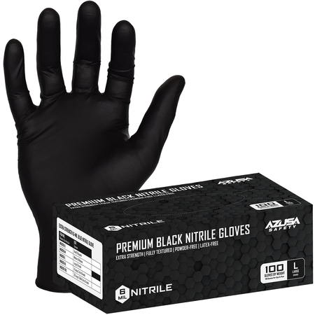 AZUSA SAFETY 6-mil Premium Powder-Free Black Nitrile Disposable Gloves, Fully Textured, Large, 100 Pack ND6020